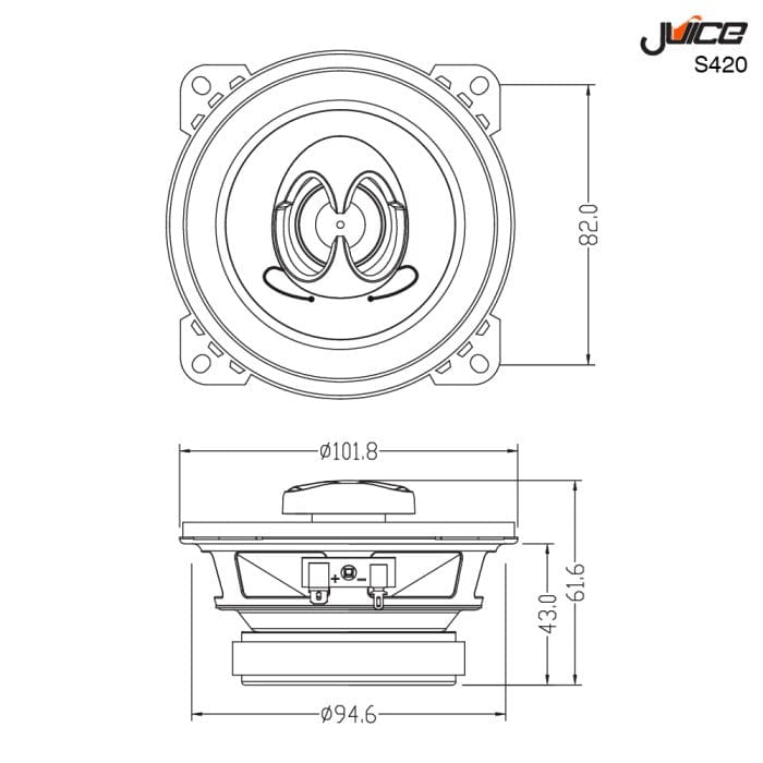 Juice S420 4 Inch 10 cm 2 - Way Coaxial Car Door or Parcel Shelf Speaker Upgrade, Efficient Power Handling, 220 Watts Peak Power